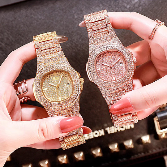 "2024 New Luxury Gold Stainless Steel Watches for Men and Women - Diamond-Embellished, Simple Design, with Calendar, Fashionable"