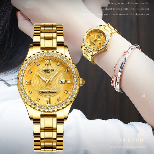 "NIBOSI Women's Watch - Top Brand Luxury, Gold, Stainless Steel Band, Classic Bracelet Style, Female Timepiece"