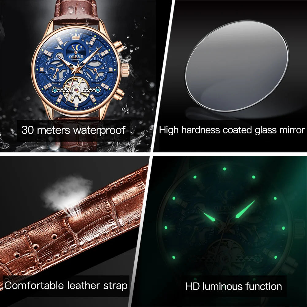 "OLEVS Men's Automatic Mechanical Watch - Waterproof, Hollow-Out Design, Noctilucent Skeleton, Self-Winding Wristwatch"