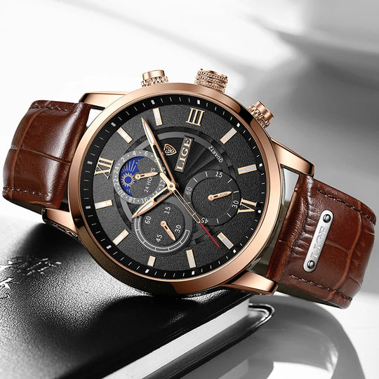 "2024 LIGE Men's Luxury Watch - Casual Quartz, Sport Waterproof, Leather Strap, with Gift Box"