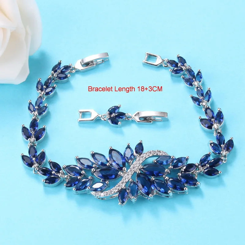 Luxury Big Jewelry Sets 925 Sterling Silver Women  Costume Blue Cubic Zircon Long Earrings And Necklace Bracelet Ring Set