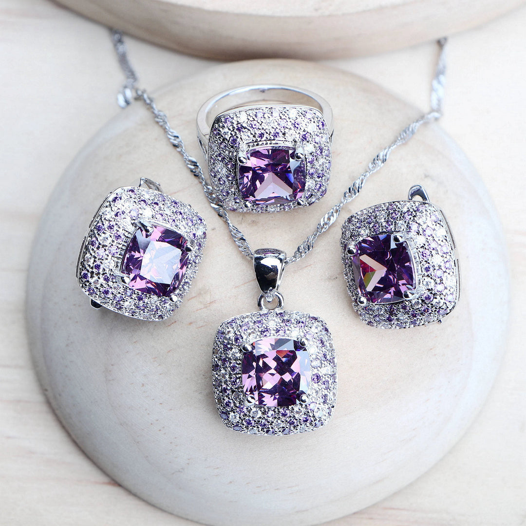 Purple Zirconia Women Bridal Jewelry Sets Silver 925 Fine Costume Jewelry Wedding Earrings Rings Bracelets Pendant Necklace