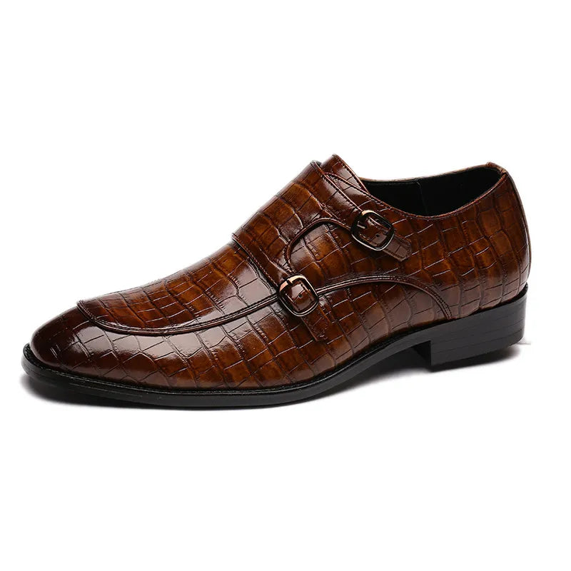 Men's Business Office Shoes with Crocodile Grain Leather, Double Buckle Casual Dress Shoes