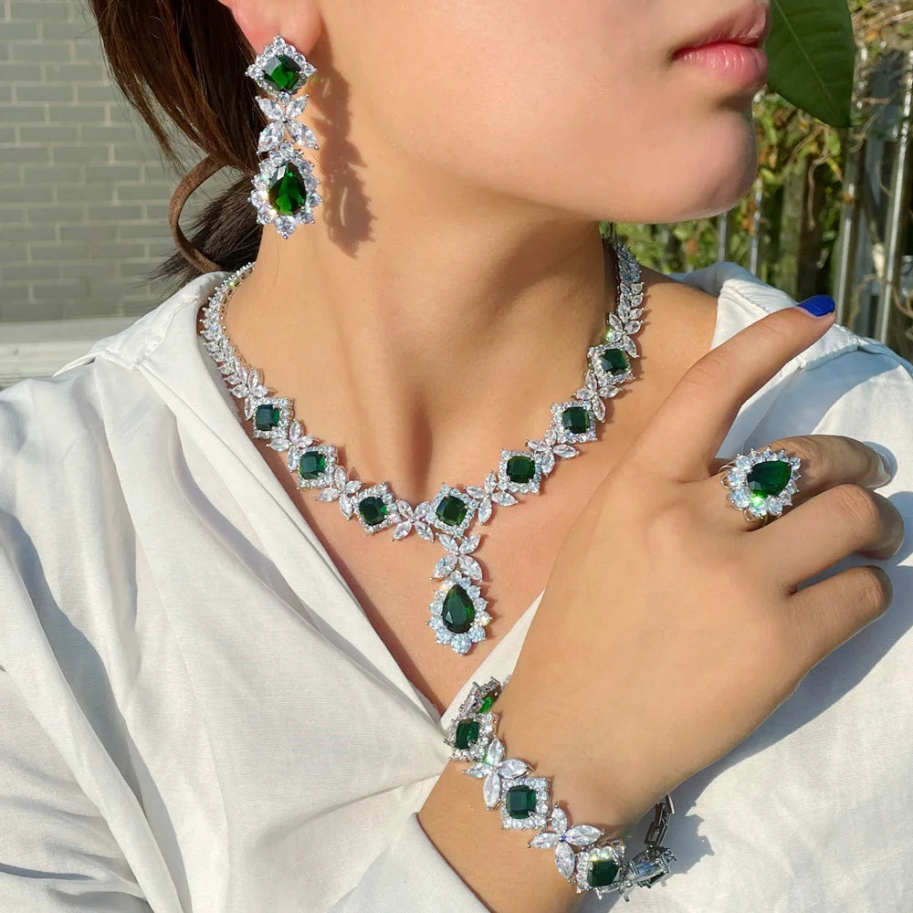 Luxury Big Green CZ Women Wedding Costume Jewelry Necklace 4 pcs African Dubai Bridal Party Jewelry Sets