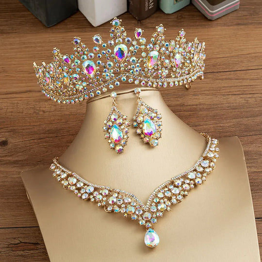 Gorgeous Crystal Bridal Jewelry Sets Fashion Tiaras Earrings Necklaces Set for Women Wedding Dress Crown Jewelry Set