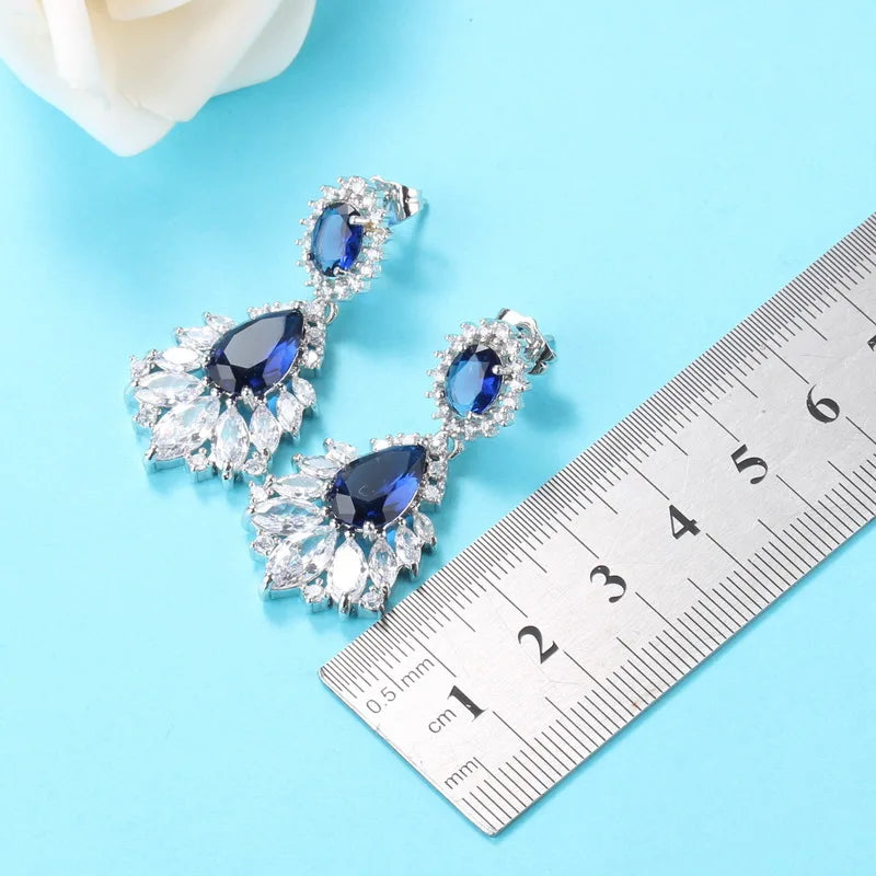 Luxury Big Jewelry Sets 925 Sterling Silver Women  Costume Blue Cubic Zircon Long Earrings And Necklace Bracelet Ring Set