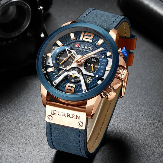 "CURREN Men's Casual Sport Watch - Luxury Military Style, Leather Wristband, Fashionable Chronograph Timepiece"