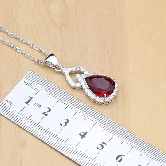 Water Drop 925 Sterling Silver Jewelry Red CZ Stone Jewelry Sets.