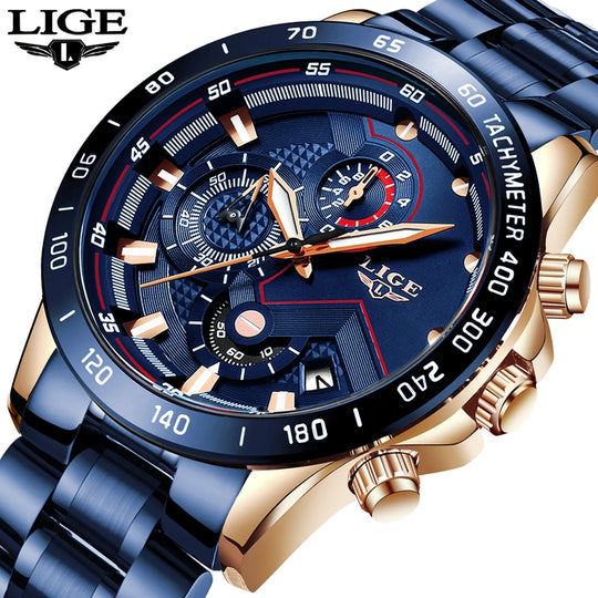 "2024 LIGE Men's Fashion Watch - Stainless Steel, Luxury Brand, Sport Chronograph Quartz, Elegant Design"