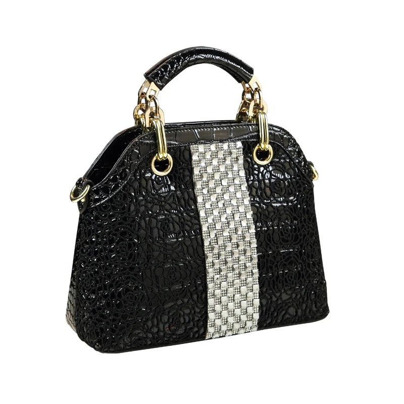 "Elegant Crocodile Pattern Leather Handbag with Lace Flowers and Rhinestones - Luxury Diamond-Encrusted Women's Shoulder Bag"