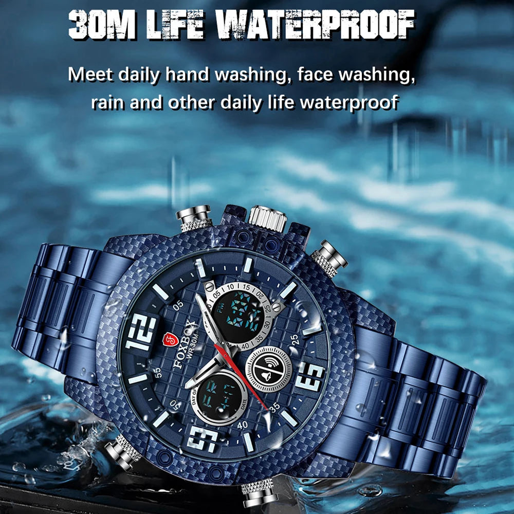 "LIGE Foxbox Men's Sports Watch - Top Luxury Brand, Carbon Fiber Case, Quartz Wristwatch, Military Waterproof, Digital Display"