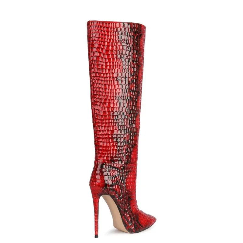 European and American Snake Skin pointed-toe stiletto boots leather long-tube women's boots