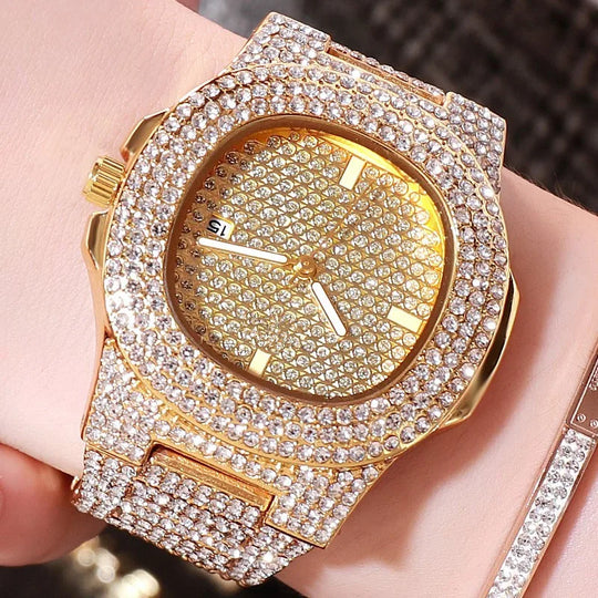 "2024 New Luxury Gold Stainless Steel Watches for Men and Women - Diamond-Embellished, Simple Design, with Calendar, Fashionable"