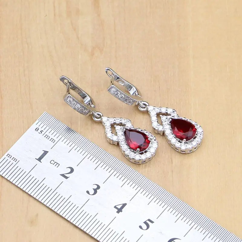 Water Drop 925 Sterling Silver Jewelry Red CZ Stone Jewelry Sets.