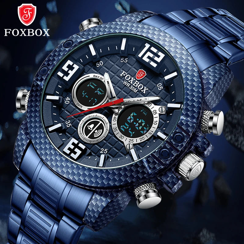 "LIGE Foxbox Men's Sports Watch - Top Luxury Brand, Carbon Fiber Case, Quartz Wristwatch, Military Waterproof, Digital Display"