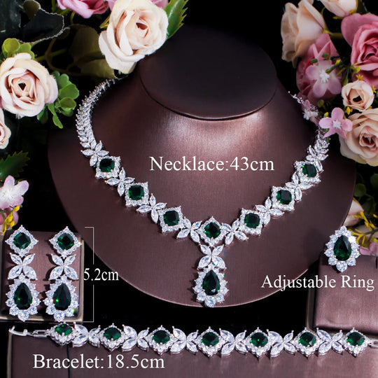 Luxury Big Green CZ Women Wedding Costume Jewelry Necklace 4 pcs African Dubai Bridal Party Jewelry Sets