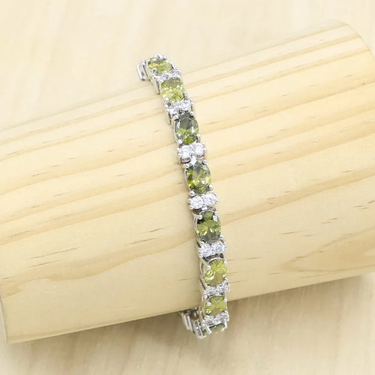 Olive Peridot Zircon Silver 925 Jewelry Set for Women Bracelet Long Earring Necklace Pendant Ring Birthday Gift