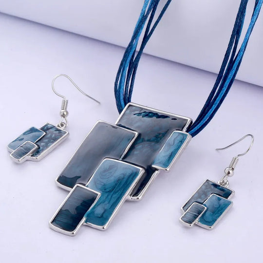 Bohemian Enamel Jewelry Sets For Women Silver Plated Geometric Big Gem Pendant Necklace And Earrings Set