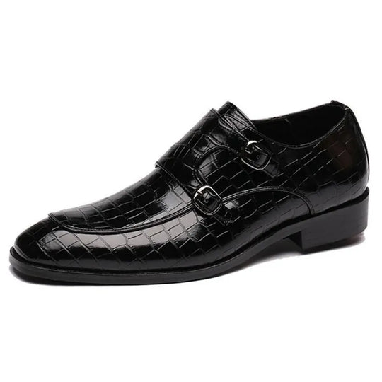 Men's Business Office Shoes with Crocodile Grain Leather, Double Buckle Casual Dress Shoes