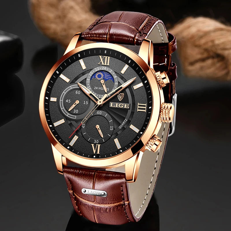 "2024 LIGE Men's Luxury Watch - Casual Quartz, Sport Waterproof, Leather Strap, with Gift Box"