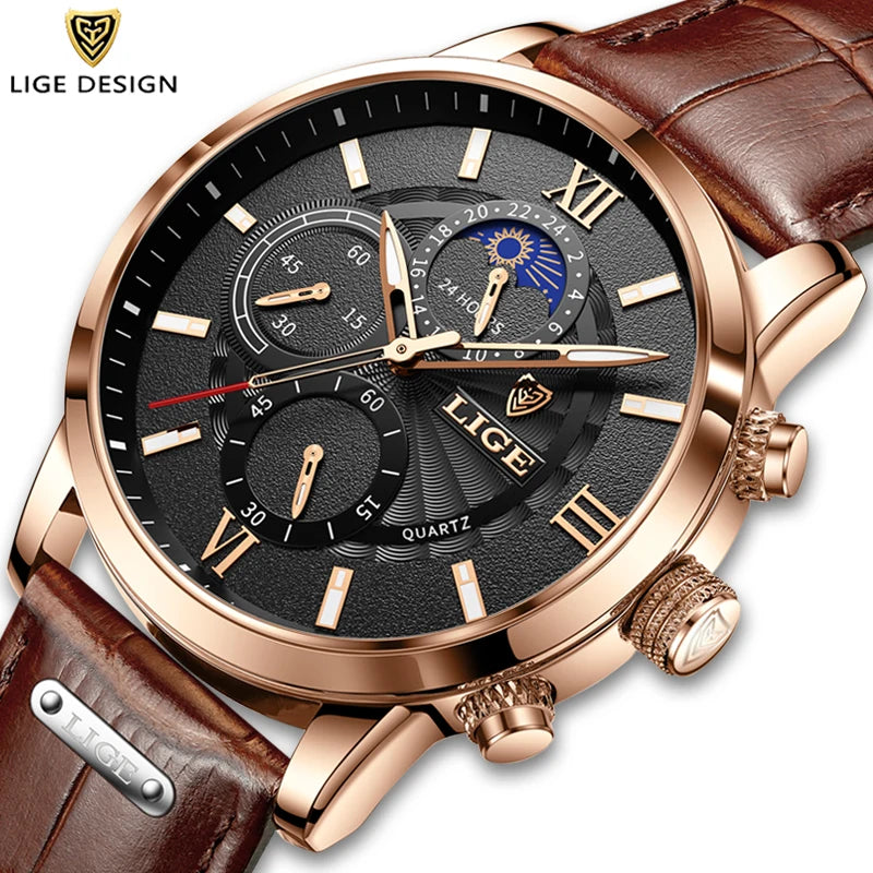 "2024 LIGE Men's Luxury Watch - Casual Quartz, Sport Waterproof, Leather Strap, with Gift Box"