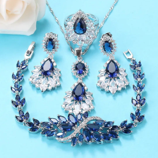 Luxury Big Jewelry Sets 925 Sterling Silver Women  Costume Blue Cubic Zircon Long Earrings And Necklace Bracelet Ring Set