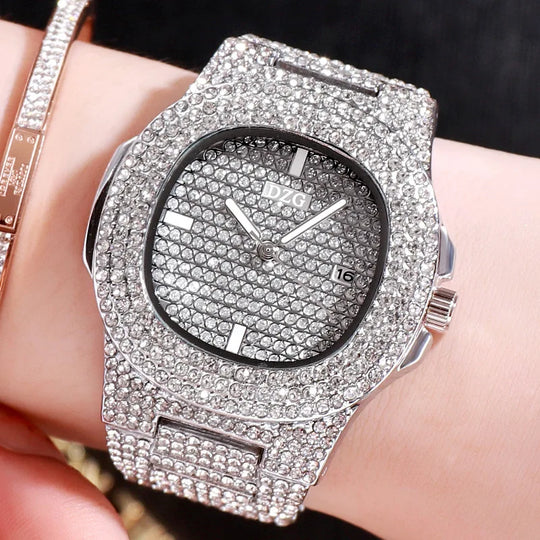 "2024 New Luxury Gold Stainless Steel Watches for Men and Women - Diamond-Embellished, Simple Design, with Calendar, Fashionable"