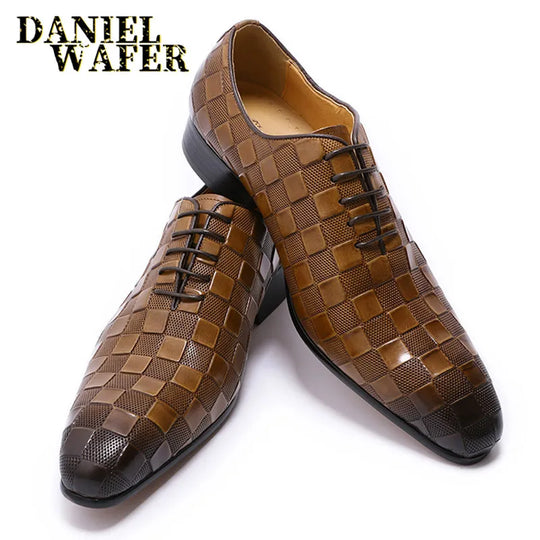 "Italian Luxury Leather Men's Dress Shoes: Fashionable Plaid Lace-Up Oxfords in Black and Brown For Formal  and Office"