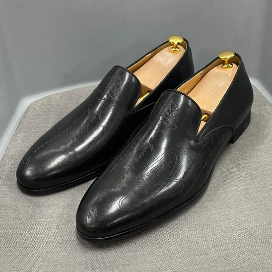 Italian-Inspired Men's Loafers, Handmade with Letter Print, High-Quality Genuine Leather Dress Shoes, Business Formal Footwear