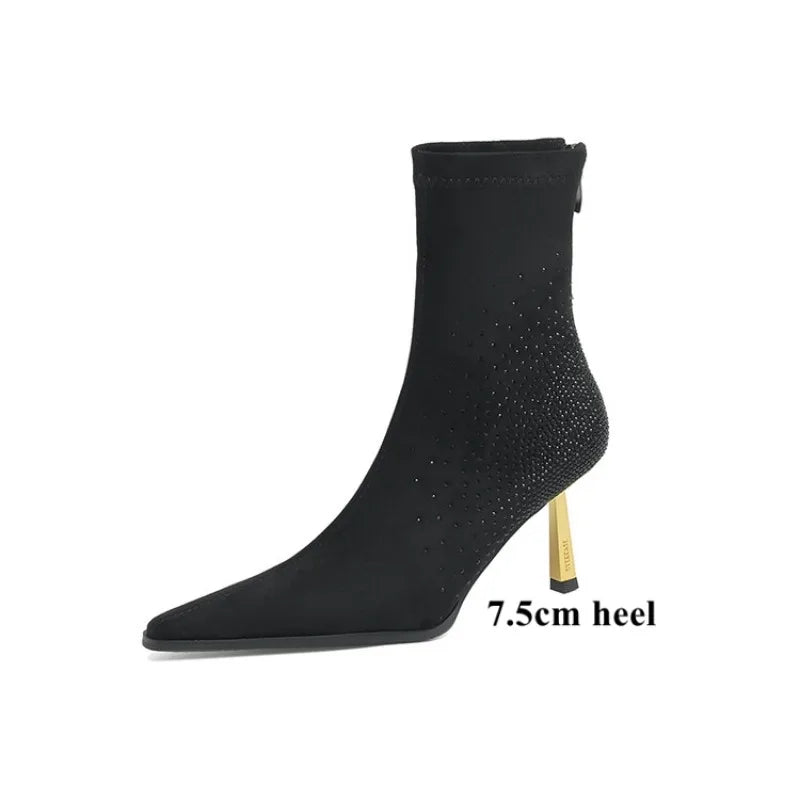 LeShion Of Chanmeb Women Stiletto Crystal Embellish Boots Gold Metal Thin High Heels Rhinestone Boots Ladies Stretch Shoes