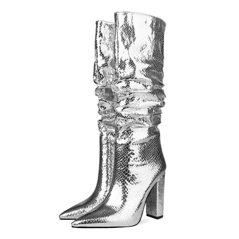 European and American Style Thick Heel High Boots Side Zipper Women's Boots Silver Boots