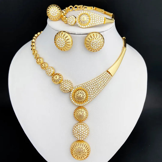 Gold Color Jewelry Set Hollow Round Ball Large Pendant Necklace Earring Ring Bracelet Set