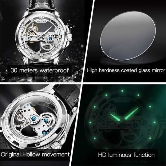 OLEVS  Automatic Mechanical Watch For Man Skeleton Flywheel Luminous Hands Waterproof Leather Strap Top Brand Luxury Gifts