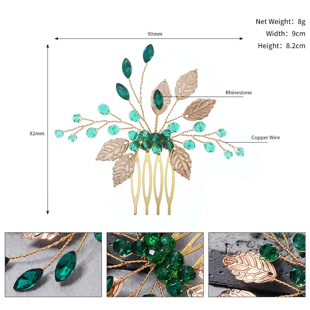 Bride Hairpins Tiaras Rhinestone Green Hair Combs For Women Fashion Beaded Golden Leaf Side Pins Bride Wedding Headpiece Jewelry