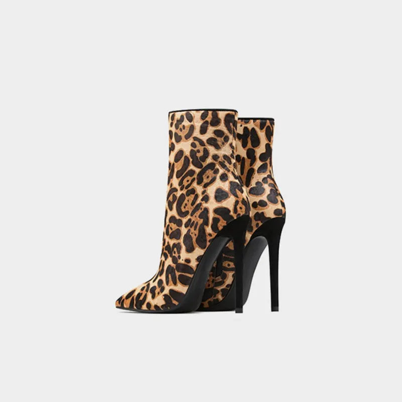 Women's 2024 Autumn and Spring New Style Slim High Heel Fashion Short Boots Pointed Side Zipper Leopard Print Women's Boots