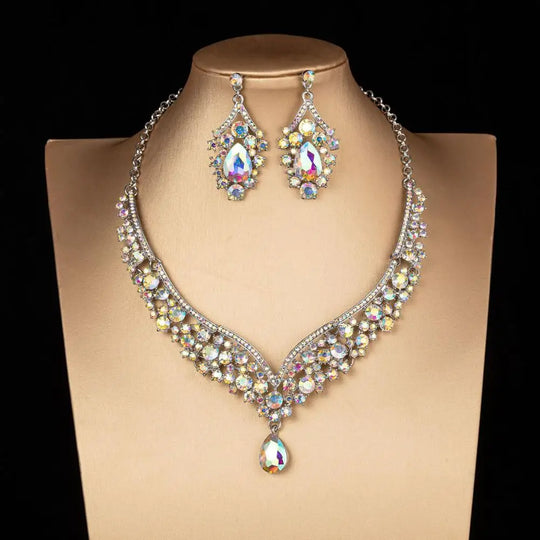 Bridal Earrings Necklace Water Drop-shaped Rhinestones Jewelry Geometric Adjustable Jewelry Set for Wedding