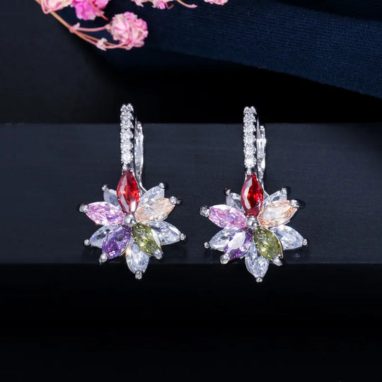 Easy Wear Lovely Geometric Flower Multicolor Cubic Zirconia Stud Earrings for Women Party Fashion Jewelry