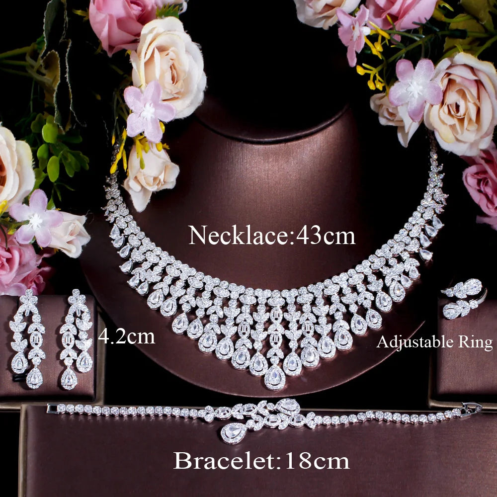 Super Luxury Tassel Leaf Drop Big Chunky Wedding Necklace Dubai White Gold Plated 4pcs Jewelry Sets for Brides