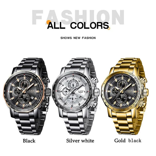 "LIGE New Men's Sport Chronograph Watch - Top Brand Luxury, Full Steel Quartz, Waterproof, Large Dial Design"