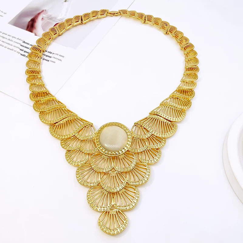 Dubai Women Jewelry Set Nigeria Africa Fashion Jewelry 18K Gold Plated Vintage White Stone Set Necklace Earring Bracelet Ring