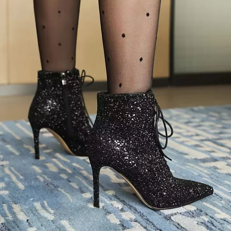 Luxury Gold High Heels Ankle Boots Women New 2024 Autumn Side Zip Shiny Sequin Party Shoes Woman Pointed Toe Thin Heeled Pumps