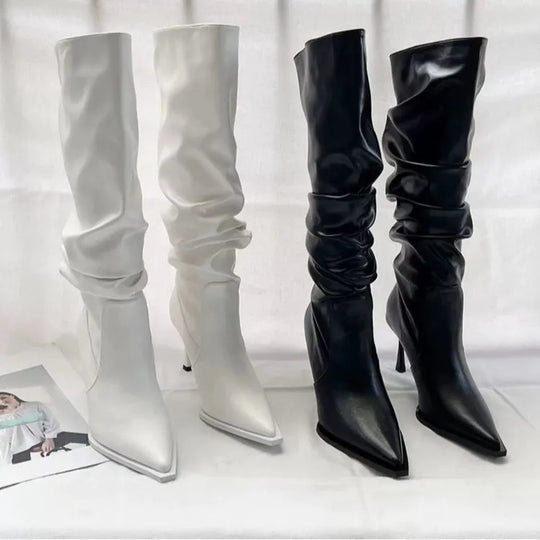 "Elegant Women's High Knee Boots: Fashionable Pointed Toe with Stiletto Heel - Chic and Sexy Ladies' Long Boots