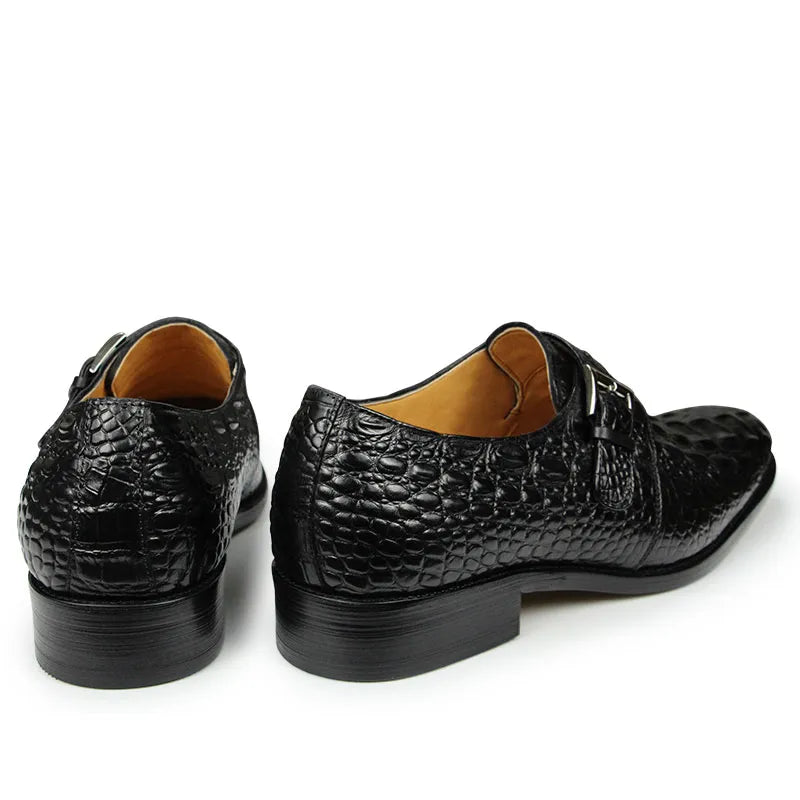 Men's Elegant Leather Oxford Dress Shoes with Crocodile Pattern, Italian-Inspired Strap Monk Loafer Design