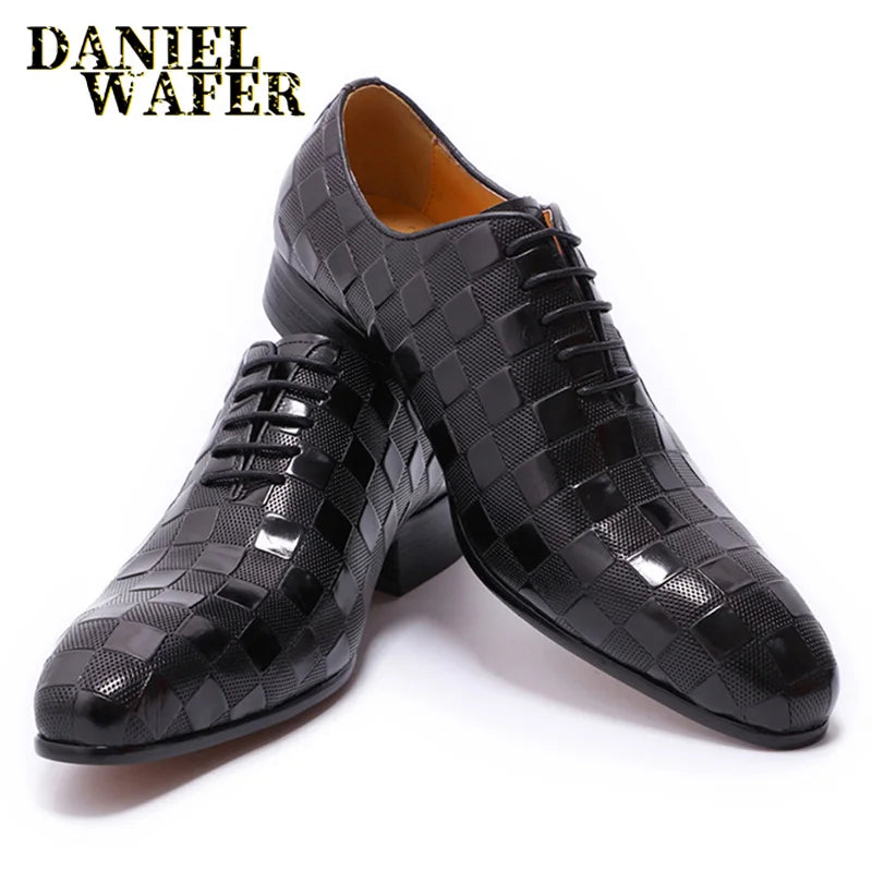 "Italian Luxury Leather Men's Dress Shoes: Fashionable Plaid Lace-Up Oxfords in Black and Brown For Formal  and Office"