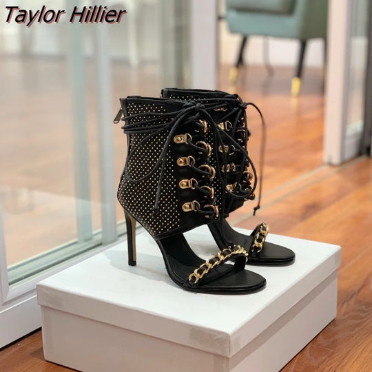 Taylor Hillier Summer Metal Buckle Black High-Heeled Shoes Open Toe Stiletto Lace Back Zipper Ladies Boots