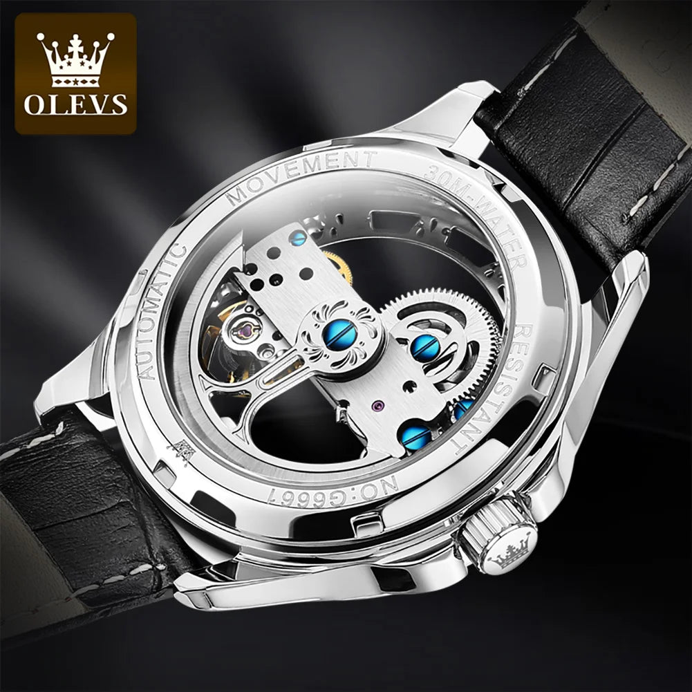 OLEVS  Automatic Mechanical Watch For Man Skeleton Flywheel Luminous Hands Waterproof Leather Strap Top Brand Luxury Gifts