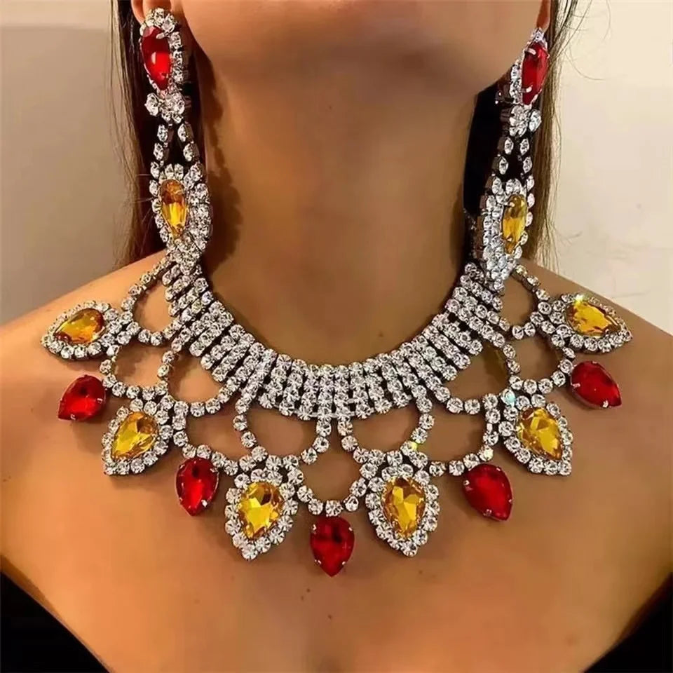 Fashion Luxury Shiny Rhinestone, Exaggerated Large Necklace, Women's Wedding Jewelry, Shiny Colorful Crystal Necklace Earring Set