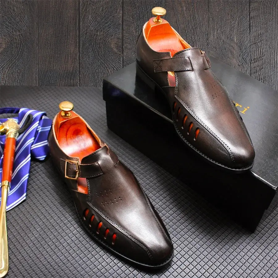 Men's Leather Snake Pattern Sandals with Hollow Design, Casual Dress Shoes with Metal Button – Ideal for Office Wear"