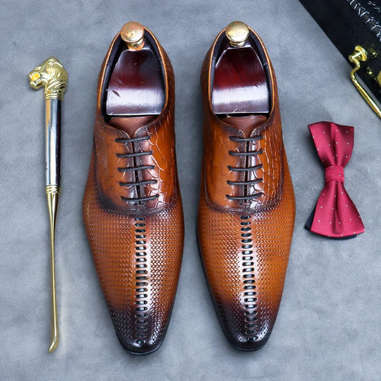 2024 Men's Luxury Dress Shoes, Brown Lace-Up, Handmade Genuine Leather, Fashionable British Styled Shoes