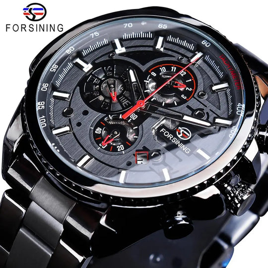 "Forsining Men's Stainless Steel Mechanical Watch - Three Dial Calendar, Automatic, Top Brand Luxury, Military Sport Style"